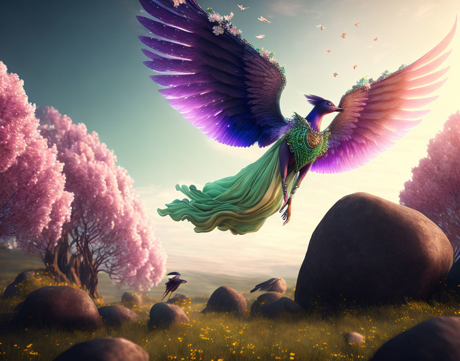 Colorful bird with widespread wings in fantastical landscape.