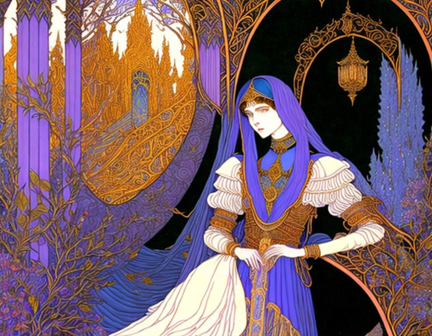 Illustration: Woman in Blue Medieval Gown in Fantasy Architecture