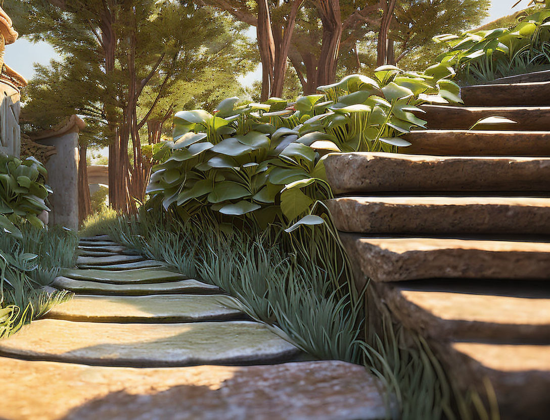 Tranquil forest scene with stone steps and lush greenery