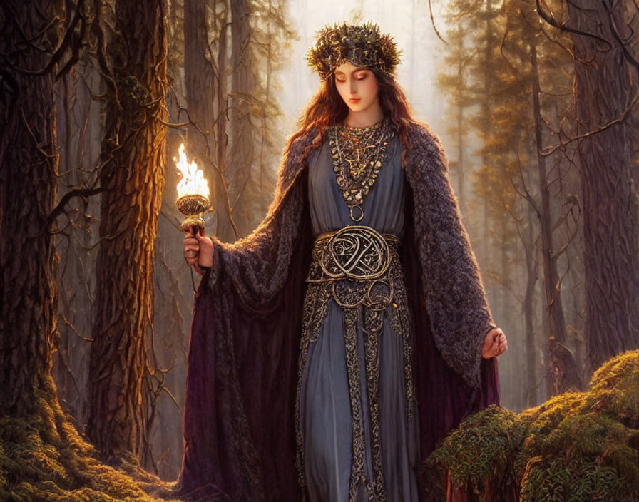 Regal woman in medieval attire with crown and torch in mystical forest