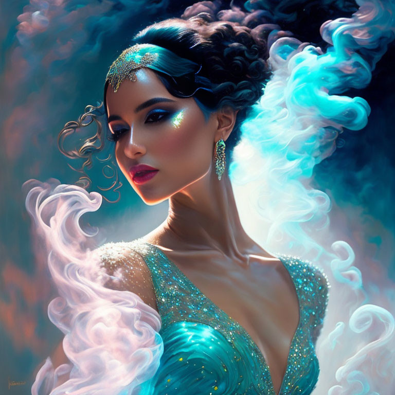 Dark-haired woman in teal dress with luminous blue vapor swirls