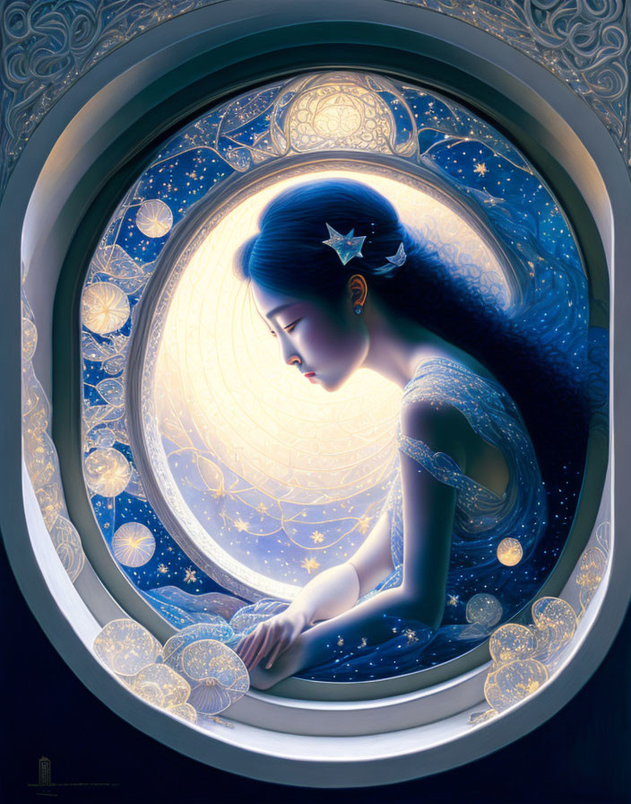 Blue-haired woman gazes from circular window at starry night sky with glowing orbs and intricate patterns.