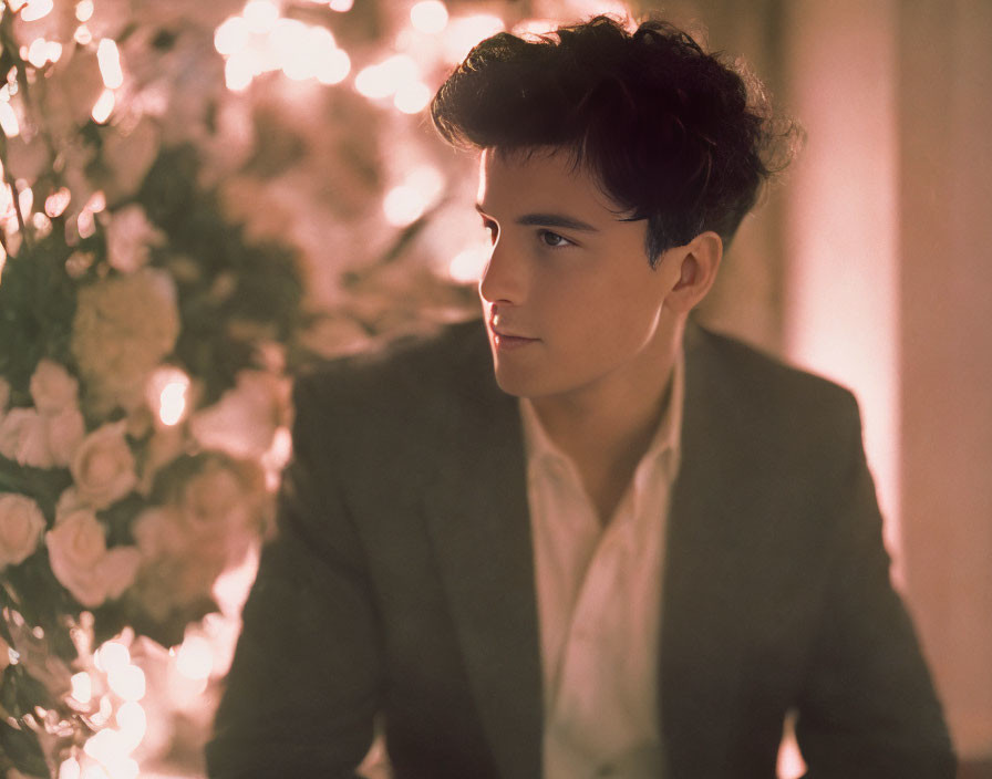 Young man in suit surrounded by soft lighting and flowers