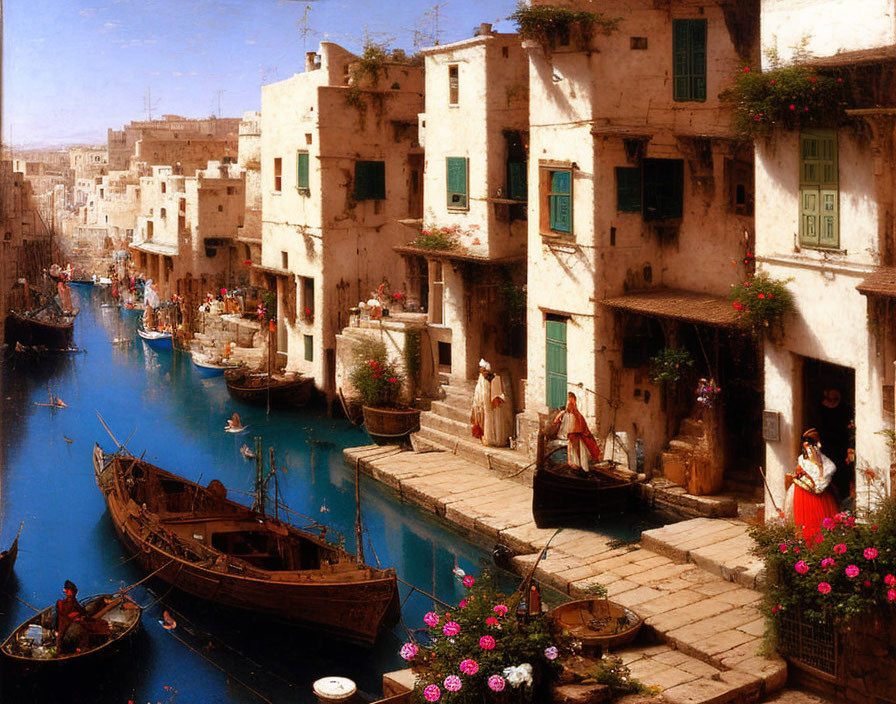 Historic canal scene with old buildings, people in period attire, flowers, and boats under blue sky