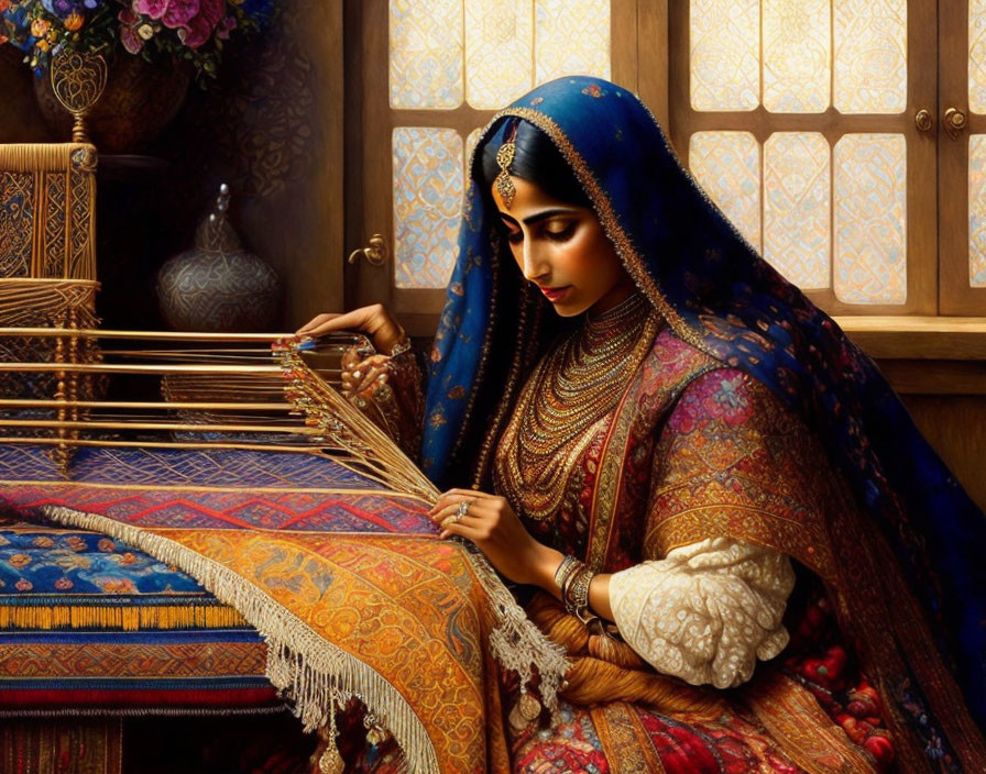 Traditional woman weaving on loom in blue and red attire with intricate jewelry