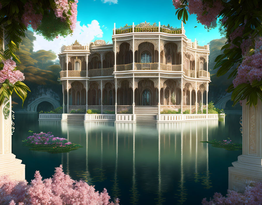 Palace with Arched Balconies and Pink Blossoming Trees