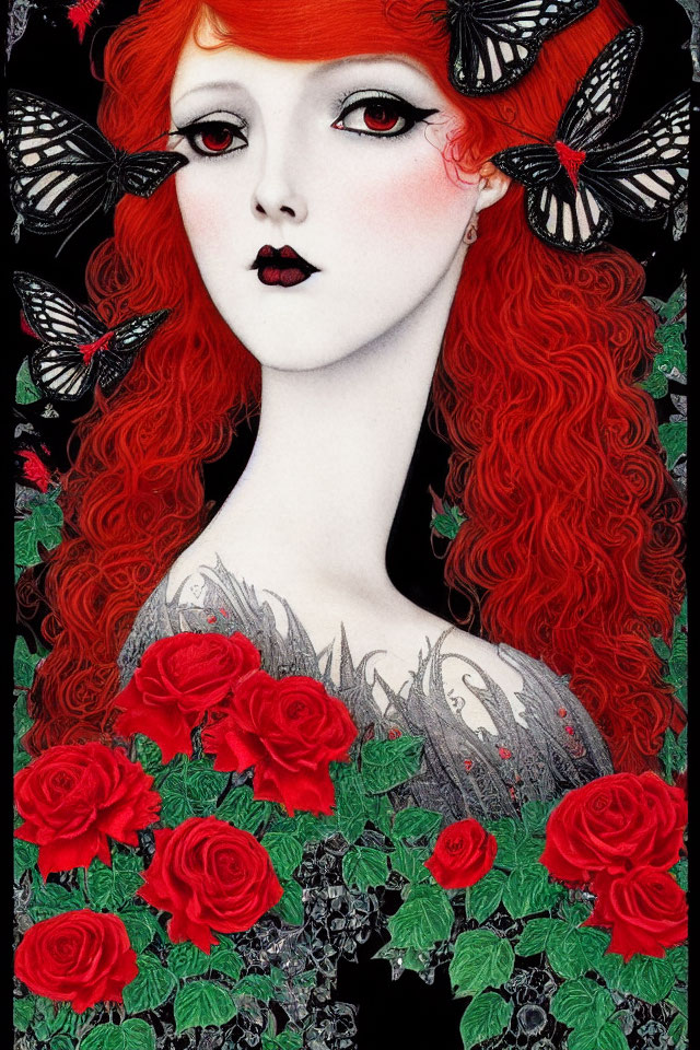 Stylized artwork of pale woman with red hair, black butterflies, and red roses in lacy