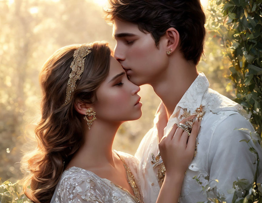 Romantic couple in elegant white attire surrounded by golden light and lush greenery