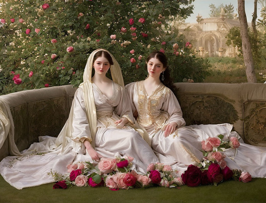 Two women in vintage dresses on a couch in a garden with classical architecture