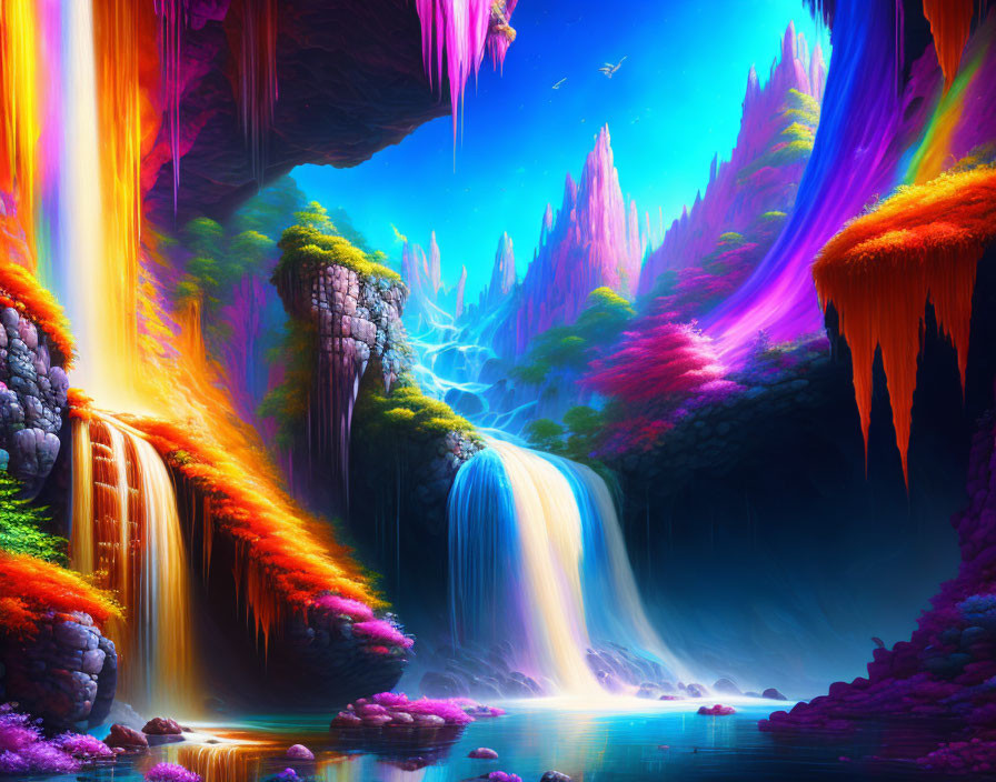 Colorful Fantasy Landscape with Glowing Waterfalls & Neon Flora