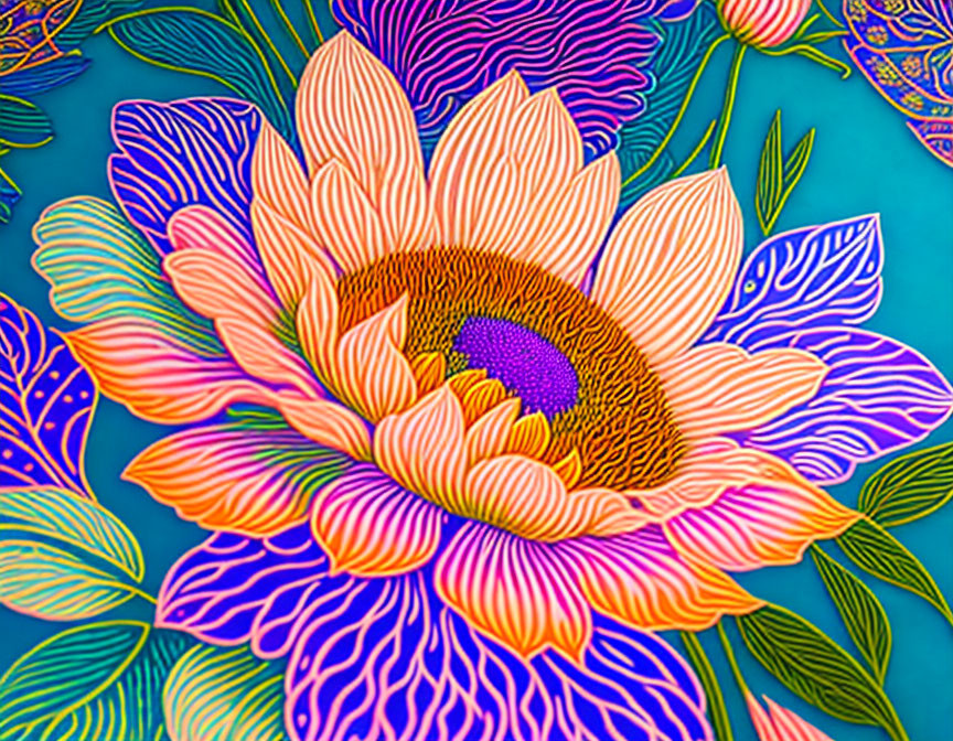 Colorful Psychedelic Flower Illustration on Teal Background