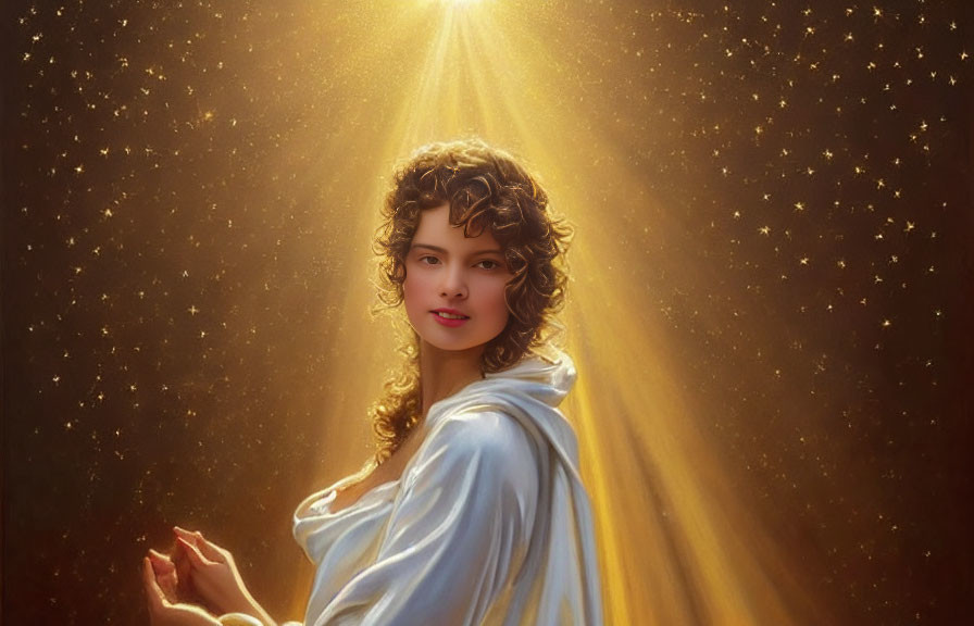 Curly-Haired Woman in White Dress Bathed in Golden Light