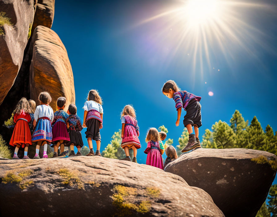 Children in traditional attire on rocky landscape under sunlit sky