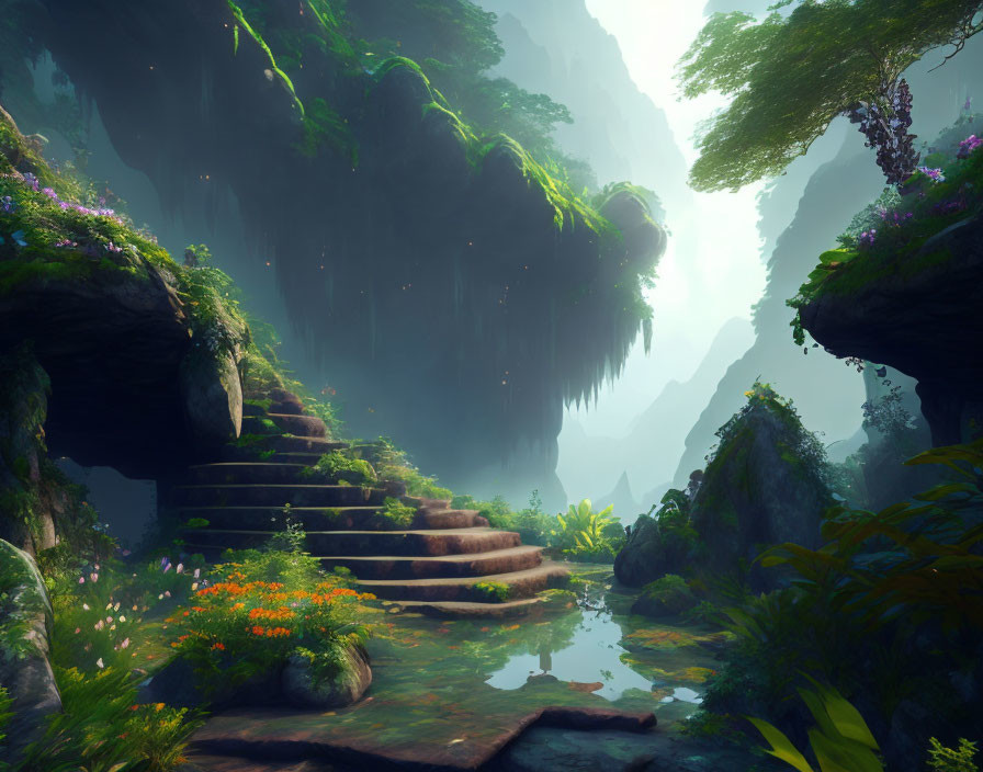 Tranquil forest scene with stone steps, lush foliage, hanging vines