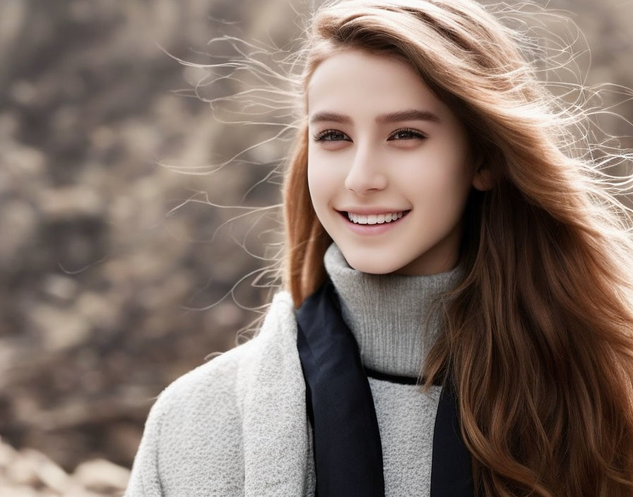 Smiling young woman with long hair in grey turtleneck outdoors