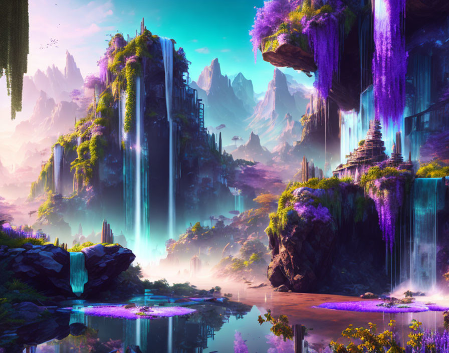 Vibrant waterfalls on floating islands with purple flora in misty landscape