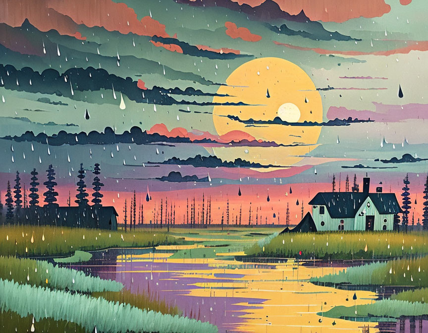 Sunset over wetland with house and trees in green, orange, purple palette