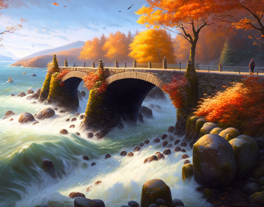 Stone bridge over turbulent sea, autumn trees, figure walking - warm glowing sky