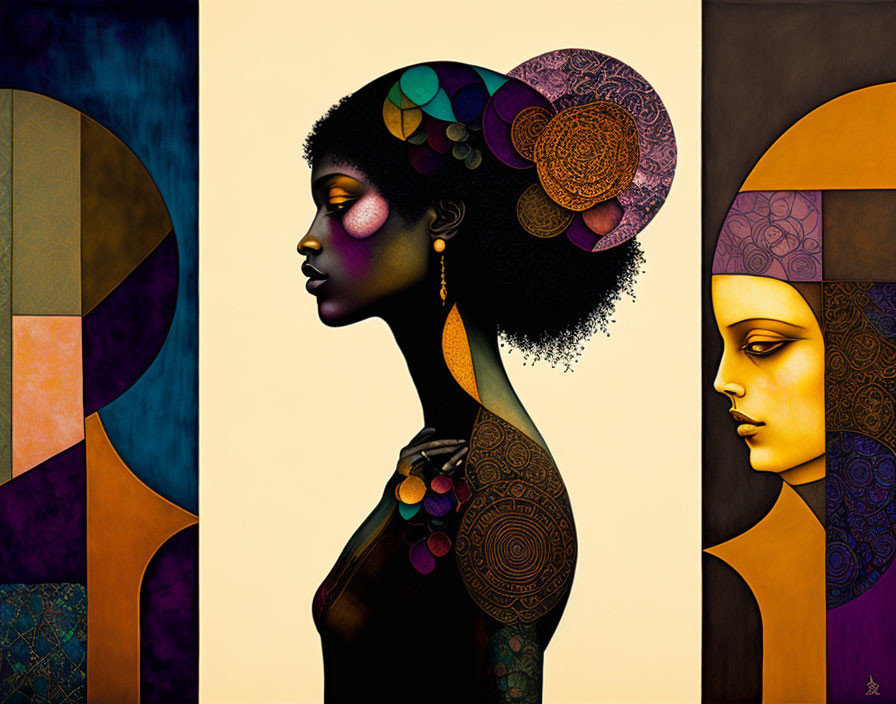 Stylized female profiles with intricate patterns and vibrant colors on geometric backgrounds