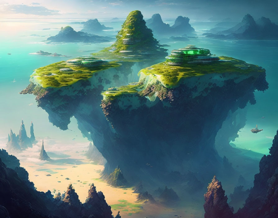 Fantastical landscape with floating islands and turquoise sea