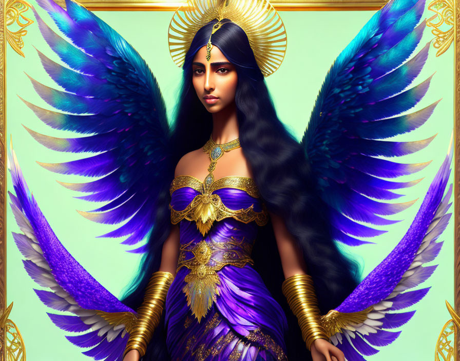 Dark-haired woman in golden headdress with blue and black wings, wearing purple and gold attire