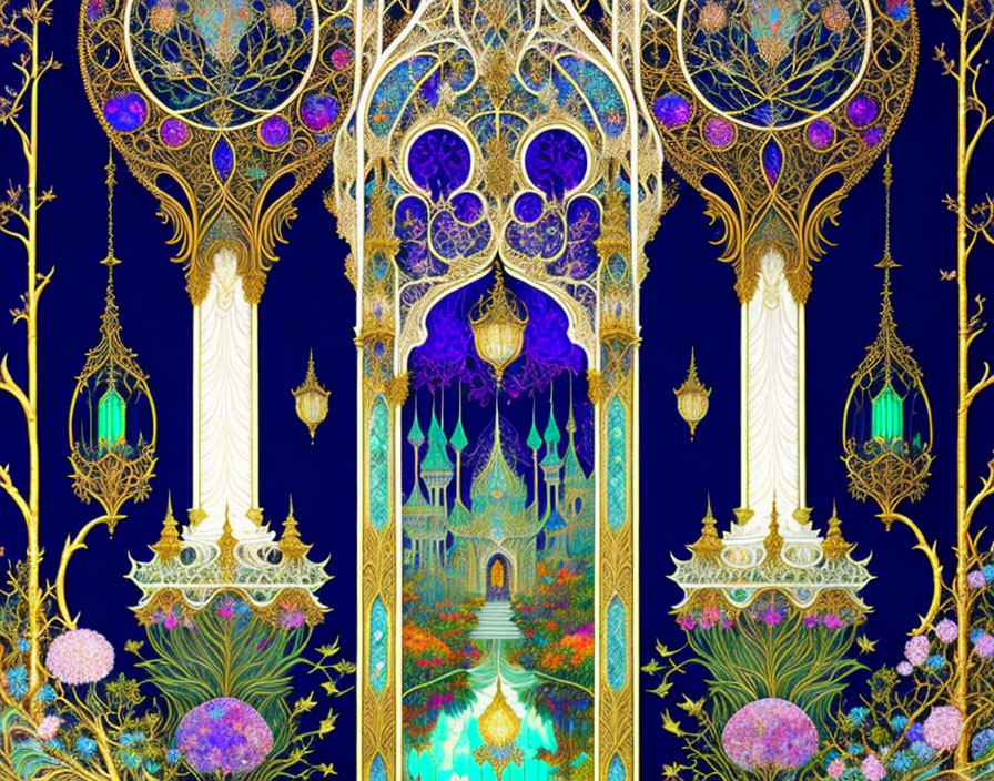 Intricate Arabesque Patterns in Gold, Blue, and Purple