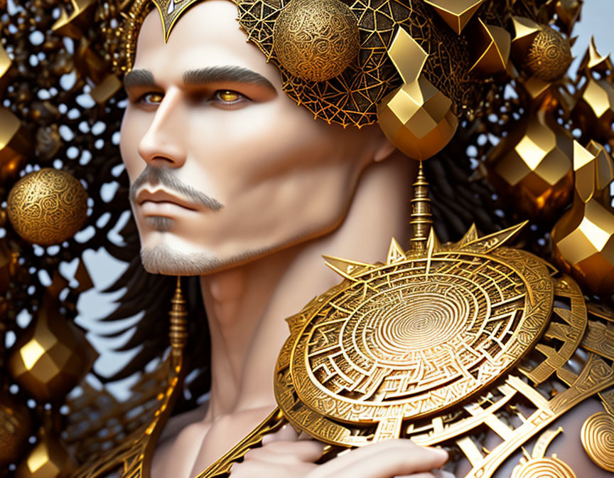 Digital artwork: Man with sculpted face, golden crown, shoulder armor, geometric patterns.