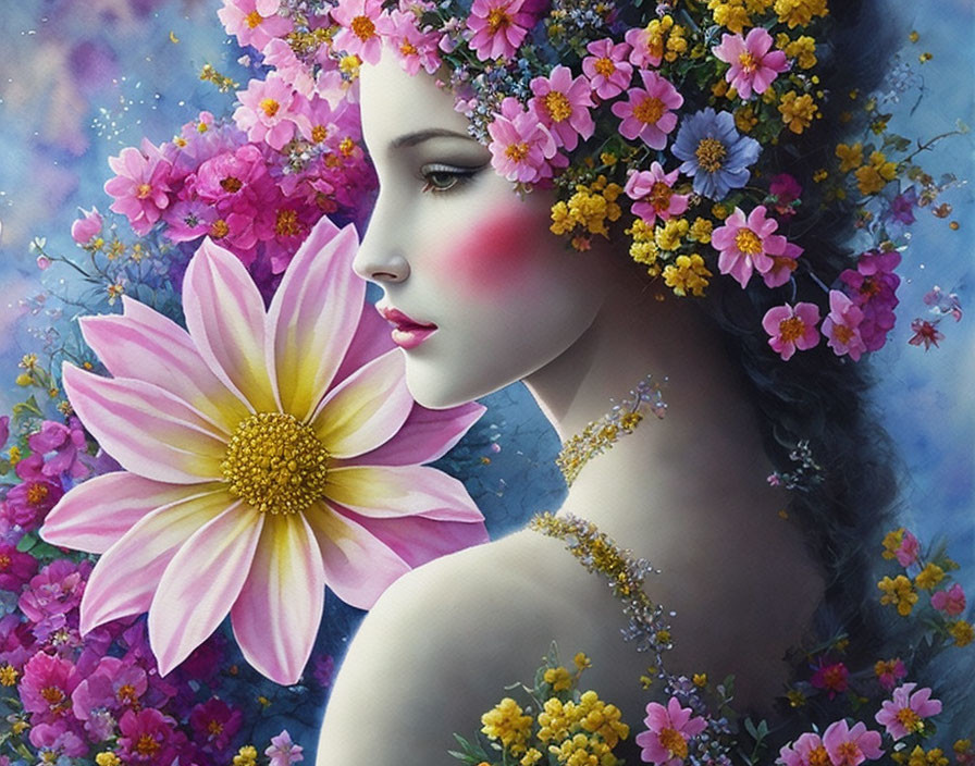 Surreal portrait of woman with floral headdress and lotus flower