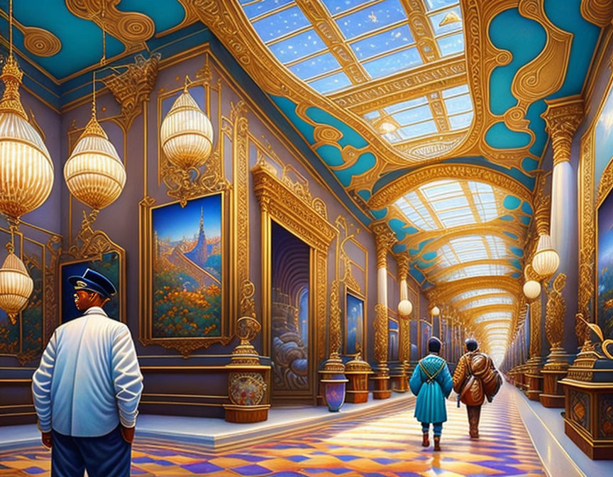 Luxurious hallway with glass ceiling, blue walls, golden accents, lanterns, framed artwork; two