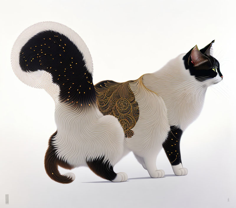 Cat illustration with black and white coat pattern and gold detailing