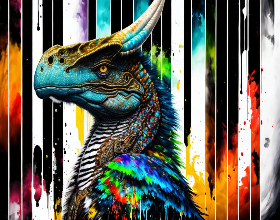 Vibrant stylized dinosaur art on black and white backdrop