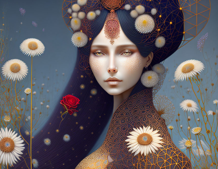 Surreal digital art: Woman with intricate floral headdress and daisies, red rose.