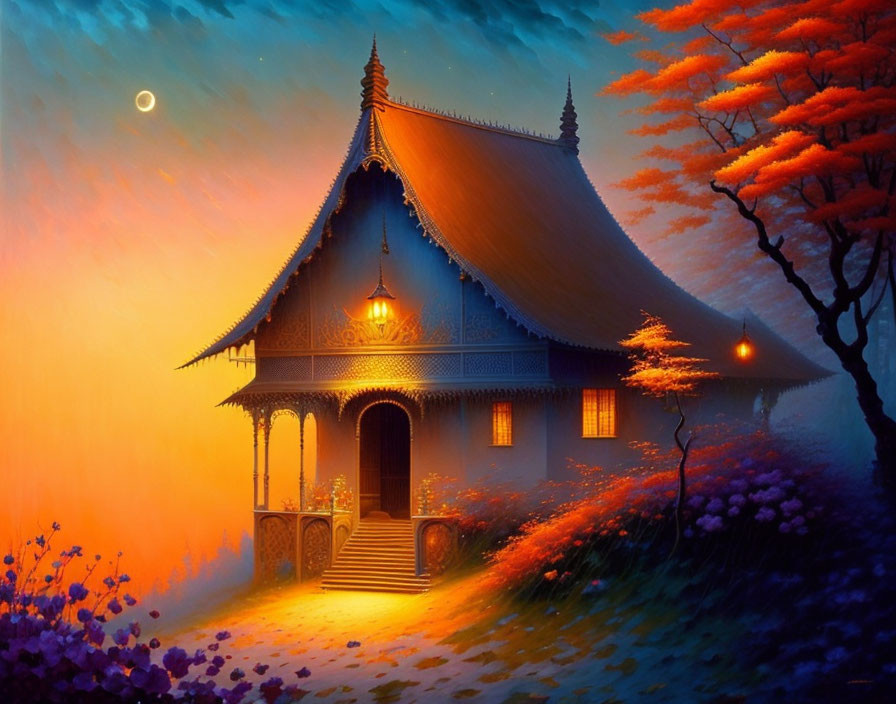 Traditional house with intricate designs in vibrant setting at dusk