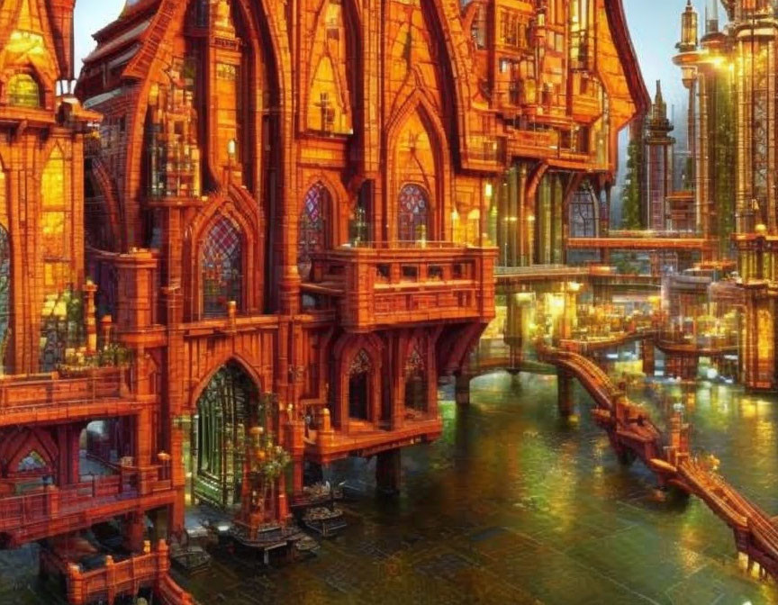 Detailed Gothic Cityscape Illuminated at Dusk