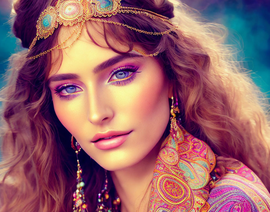 Colorful makeup and bohemian jewelry on woman against blue backdrop