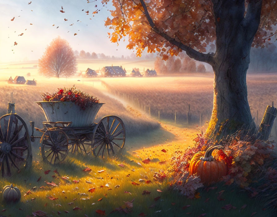 Rural autumn landscape with old cart, red flowers, pumpkins, fallen leaves, and sunset