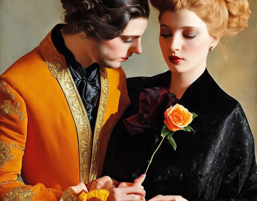 Man in ornate orange jacket leans towards woman in black velvet outfit with rose, creating romantic vintage scene