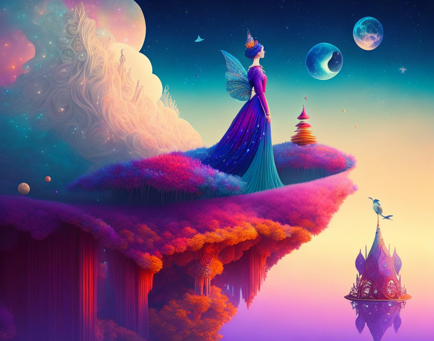 Fantasy landscape with floating islands, winged woman, colorful flora, whimsical buildings