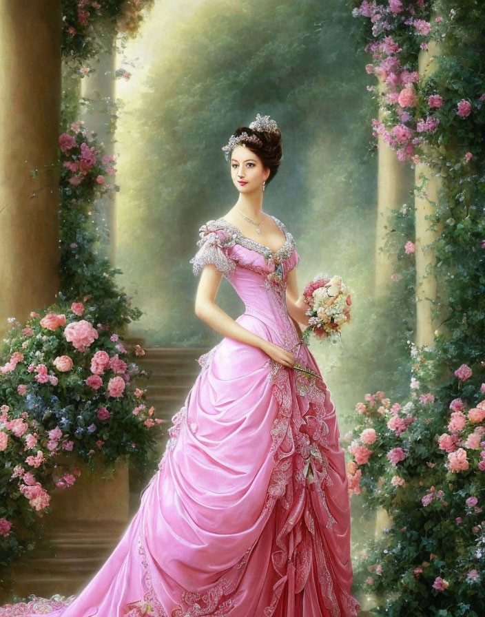 Pink period gown with floral embellishments in garden setting