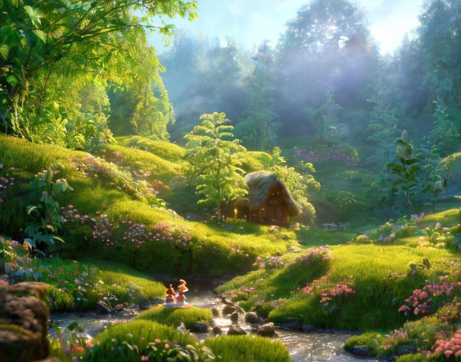 Tranquil landscape: meandering stream, lush greenery, colorful flowers, thatched-roof