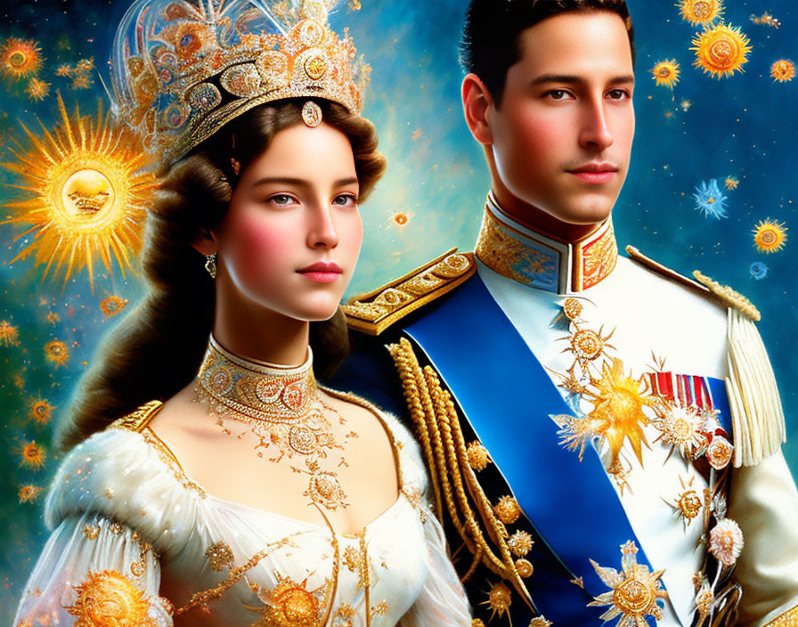 Man and woman in ornate royal attire with gold accents and medals symbolizing regal, historical aesthetic