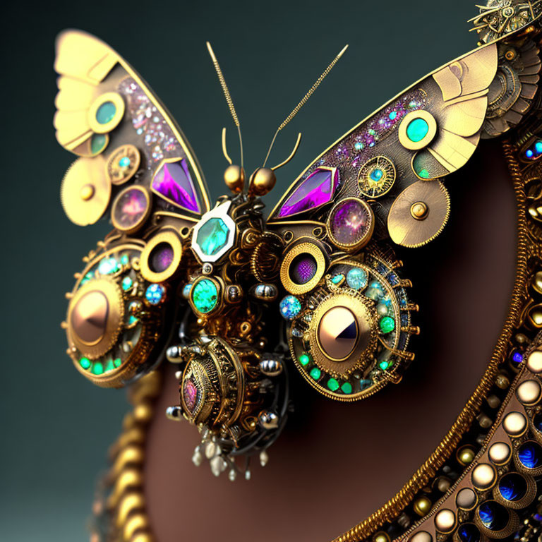 Steampunk butterfly with gears and jewels on dark background