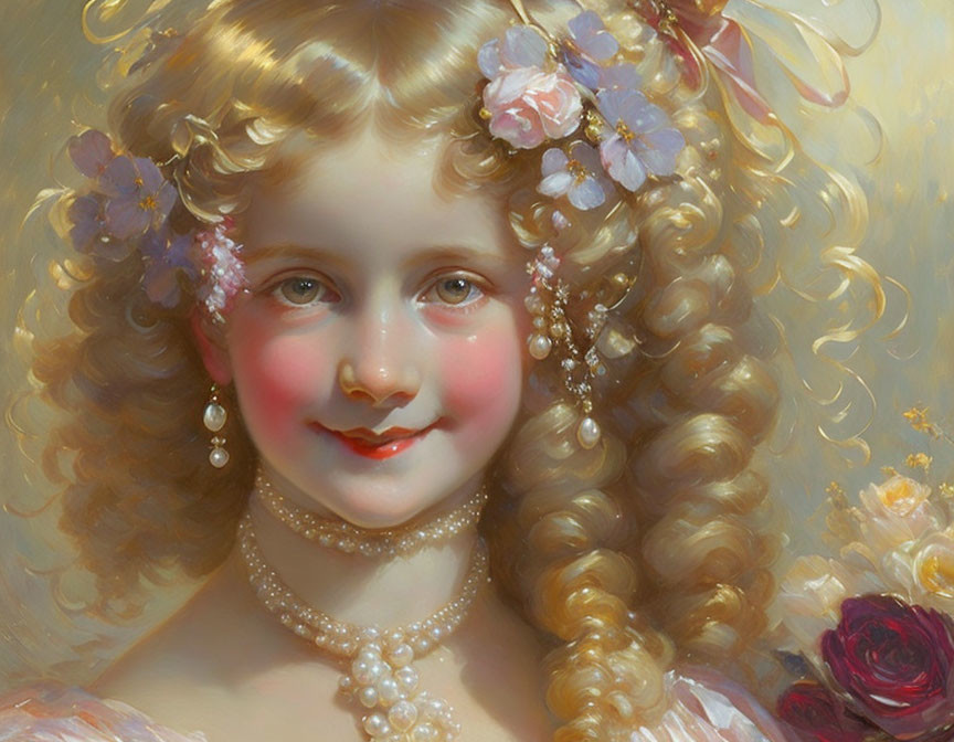 Young girl portrait with curly blonde hair and floral accessories smiling, rose by shoulder.