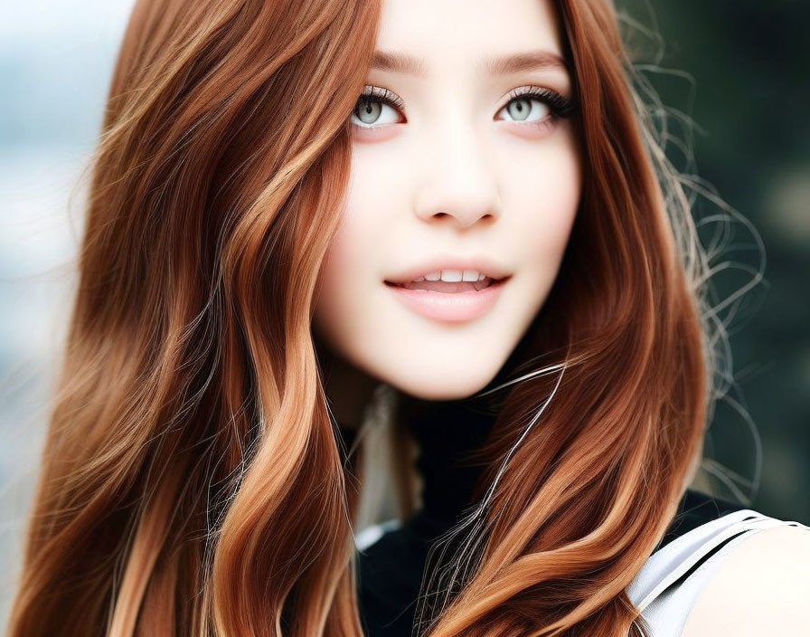 Young woman with auburn hair and green eyes in black and white outfit