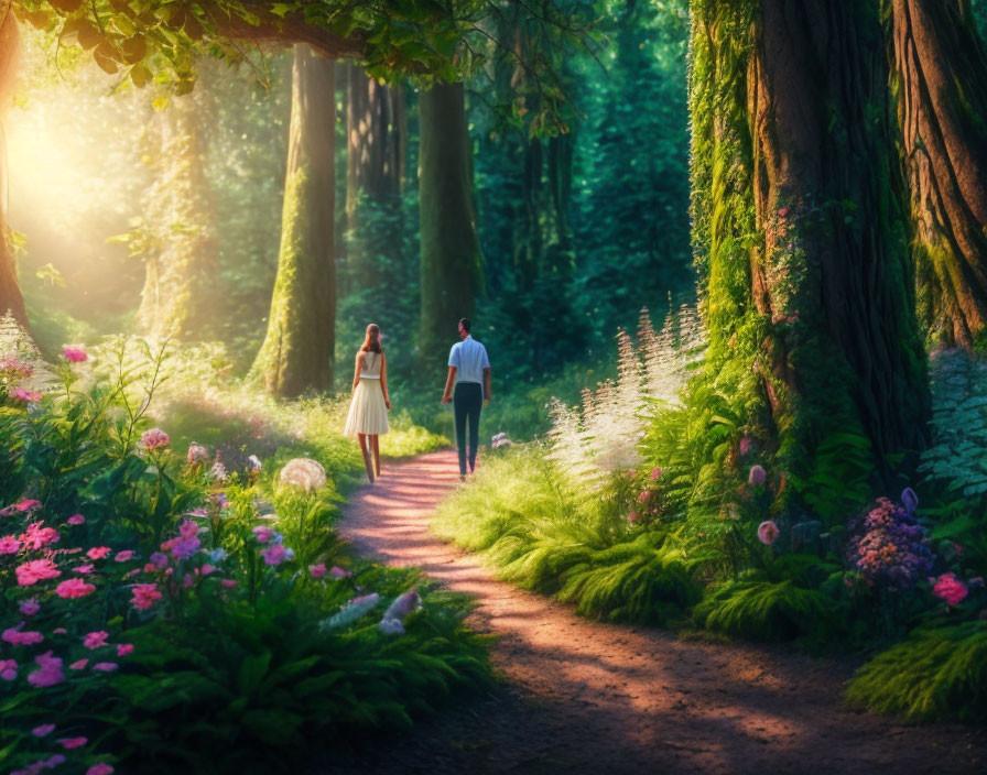 Tranquil forest path with couple and vibrant nature scenery