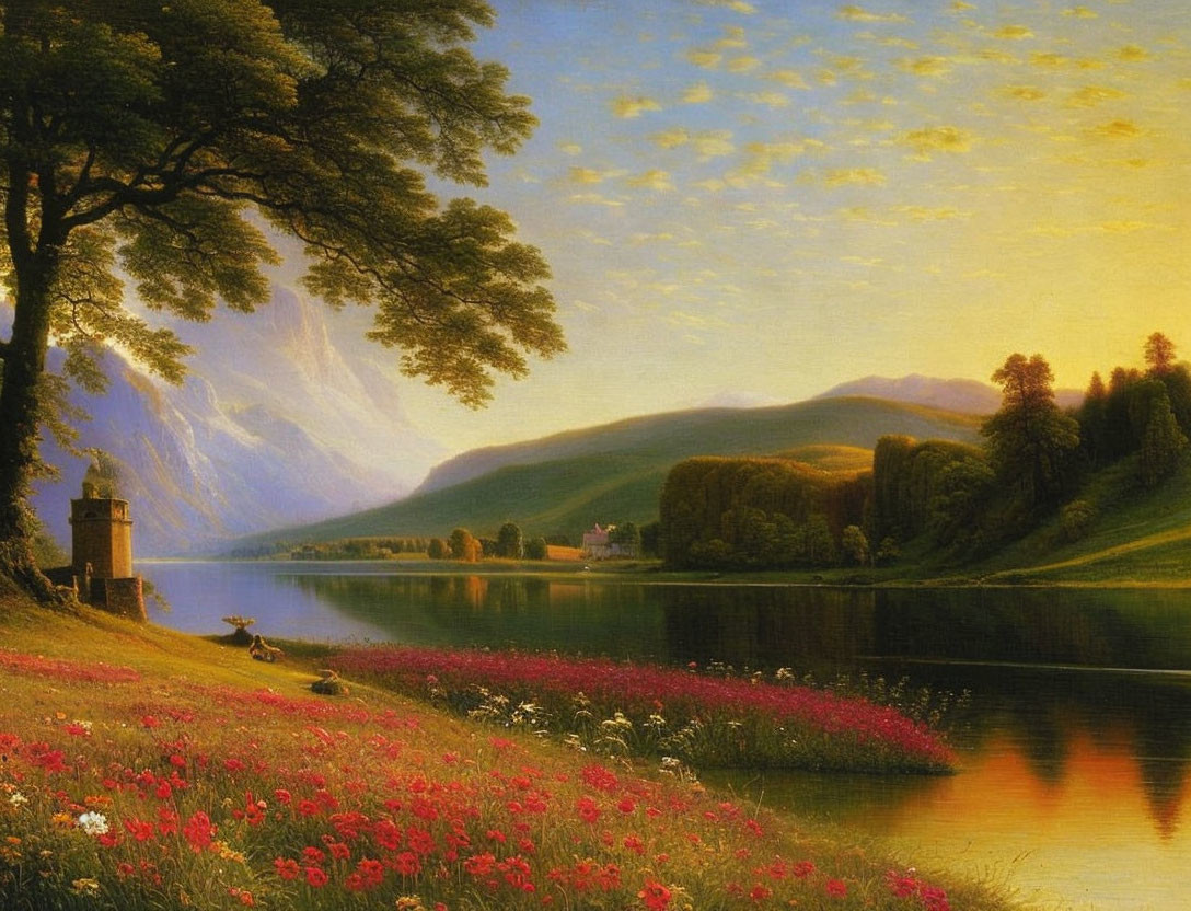 Tranquil landscape painting with lake, sky, mountains, greenery & pink flowers