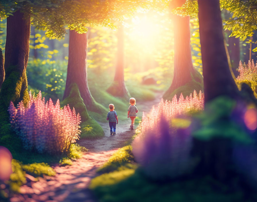 Children walking in forest with purple flowers and tall trees.