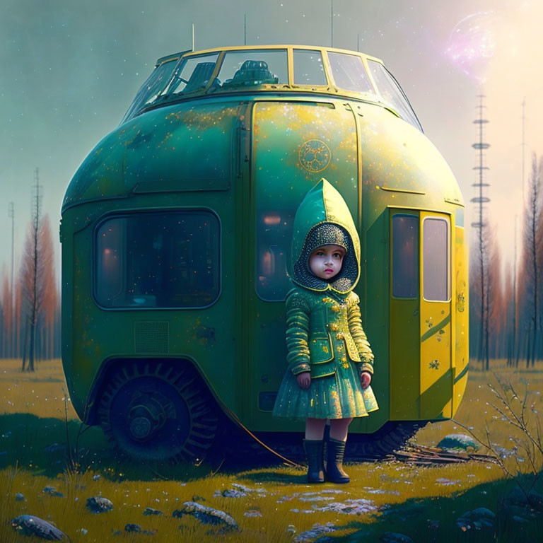 Child in Green Hooded Coat by Fantastical Green Bus in Twilight Forest