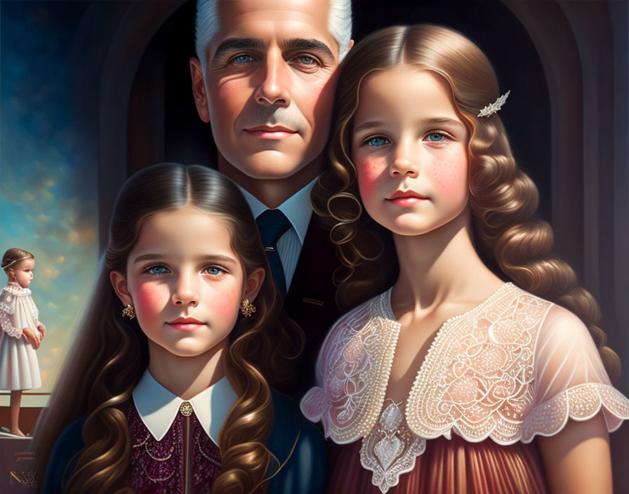 Hyperrealistic Painting of Man and Two Girls with Detailed Features