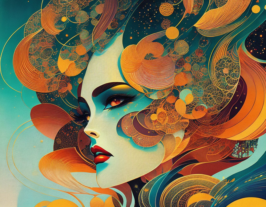 Vibrant Stylized Portrait of Woman with Flowing Hair and Ornate Patterns